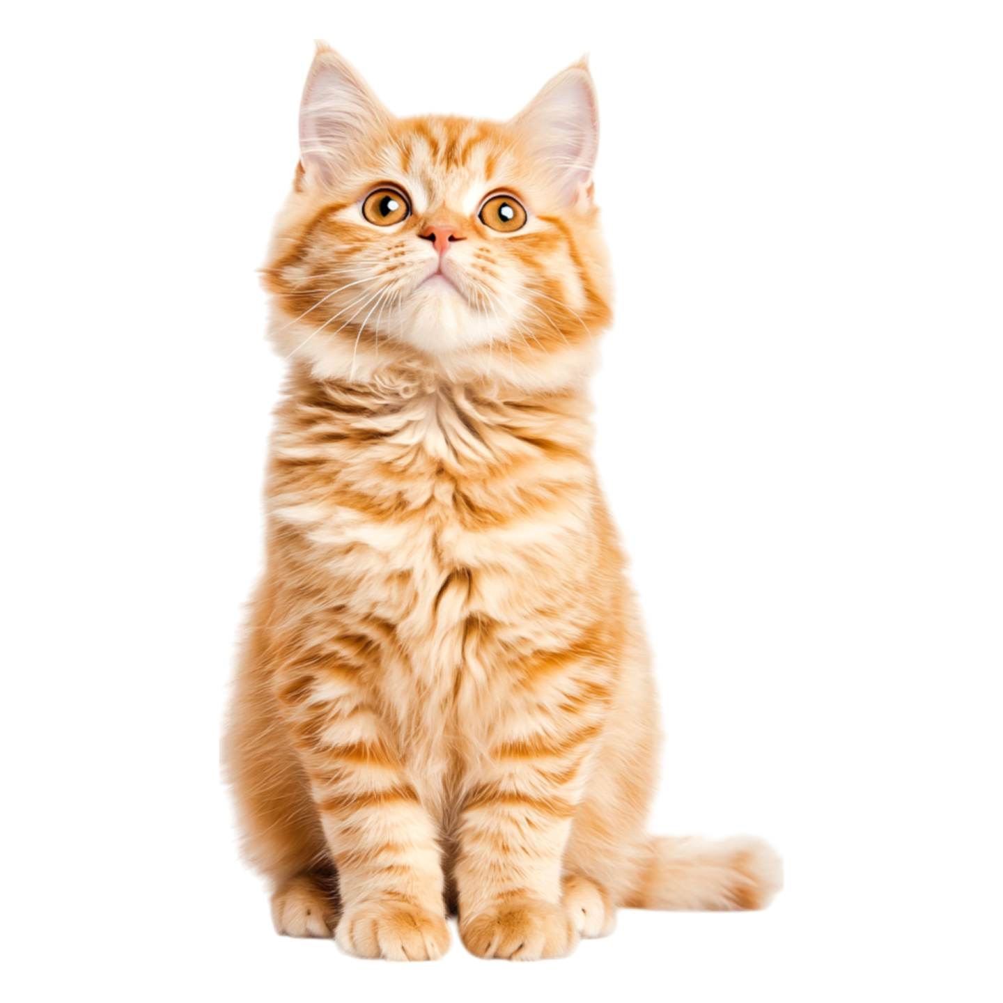 an orange and white kitten sitting on a white background