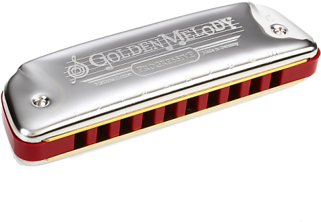 a harmonica that is red and silver