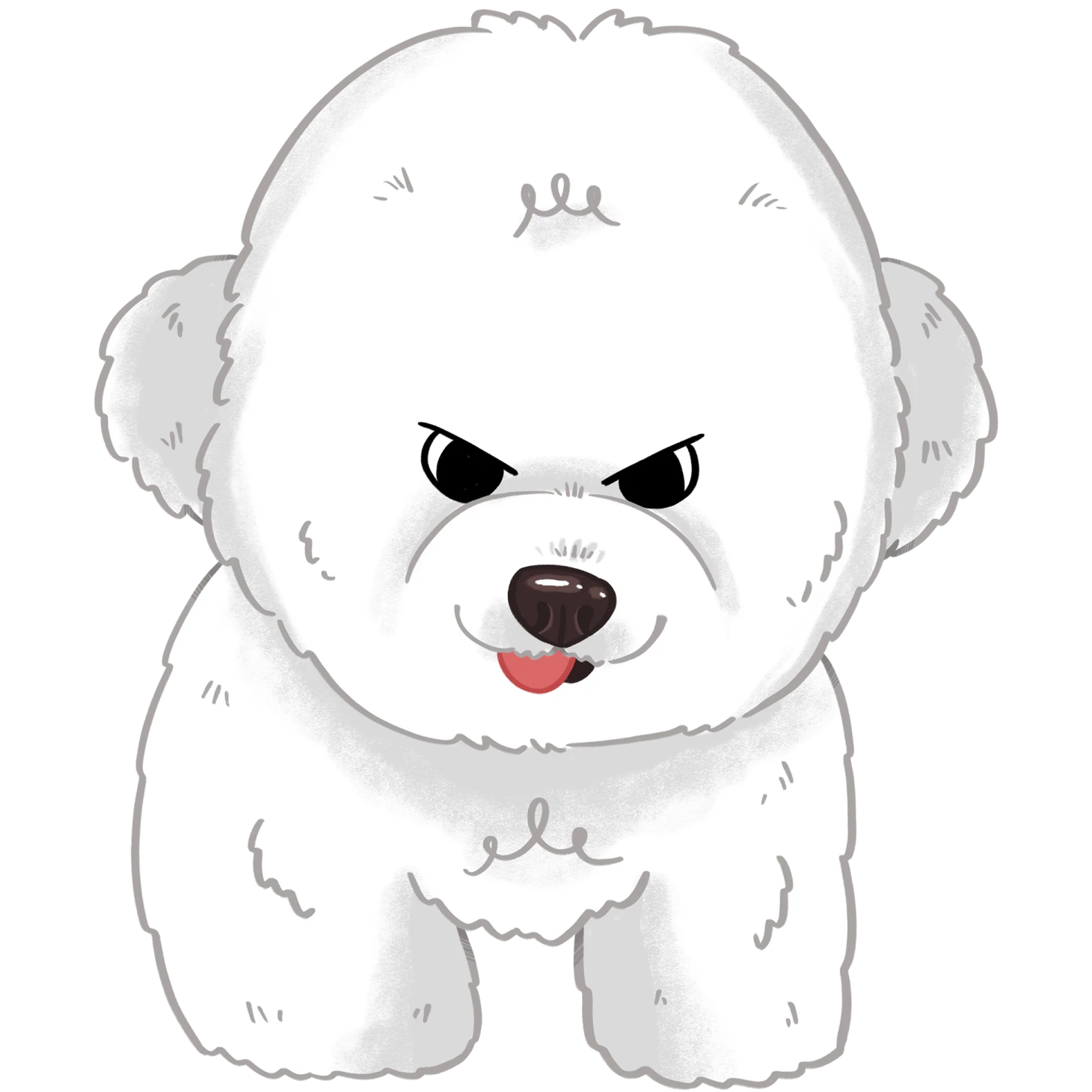 a white dog with black eyes and a red tongue