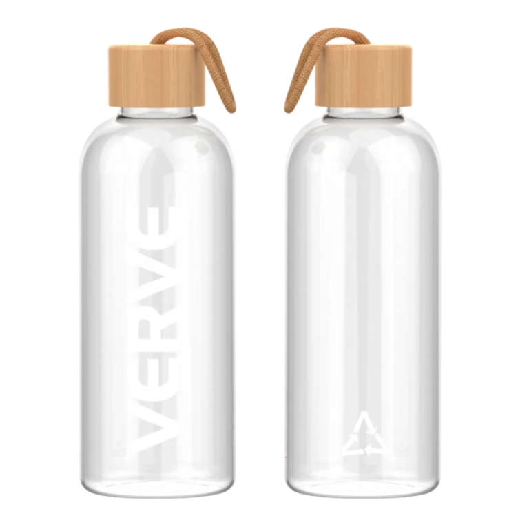 two clear water bottles with wooden lids