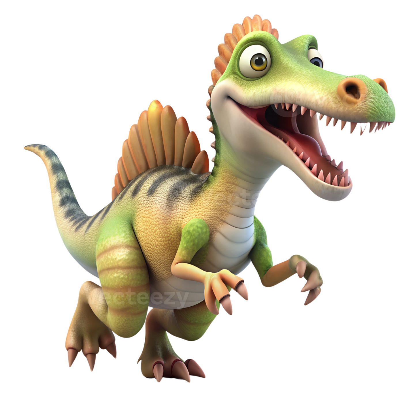 a cartoon dinosaur running with its mouth open