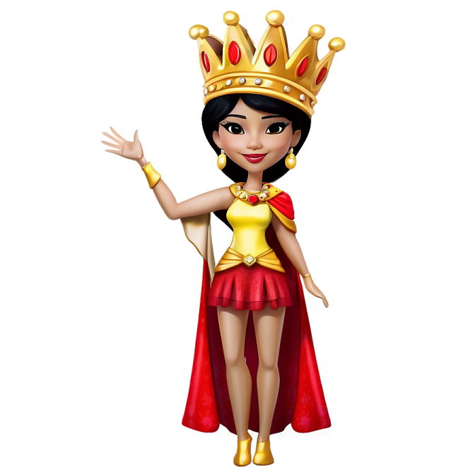a cartoon character wearing a gold crown and red cape