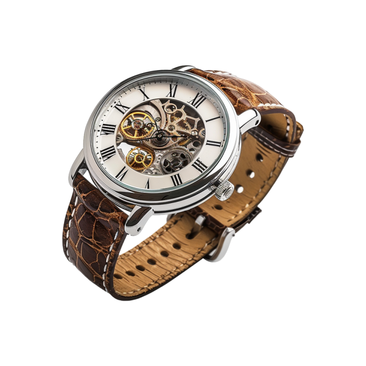 a watch with brown leather strap and white dial