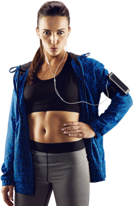a woman in a blue jacket and black top