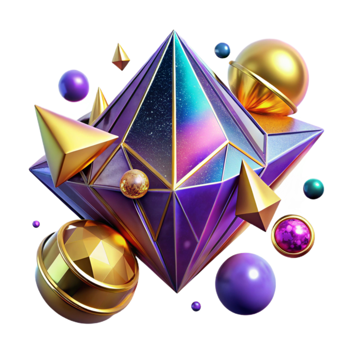 a purple and gold diamond surrounded by spheres