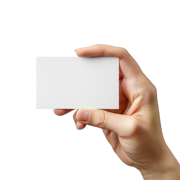 a hand holding a business card on a white background