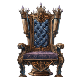 a blue and gold chair with a purple cushion