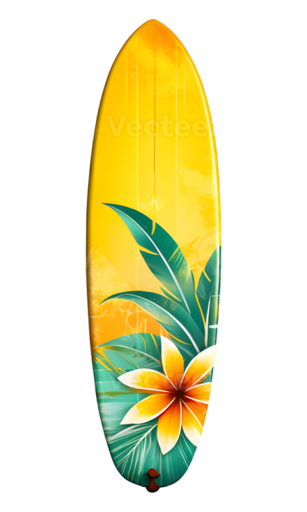a surfboard with tropical flowers on it