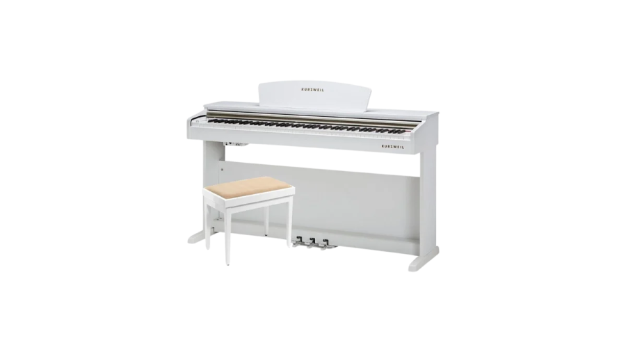 a white piano with a bench and stool