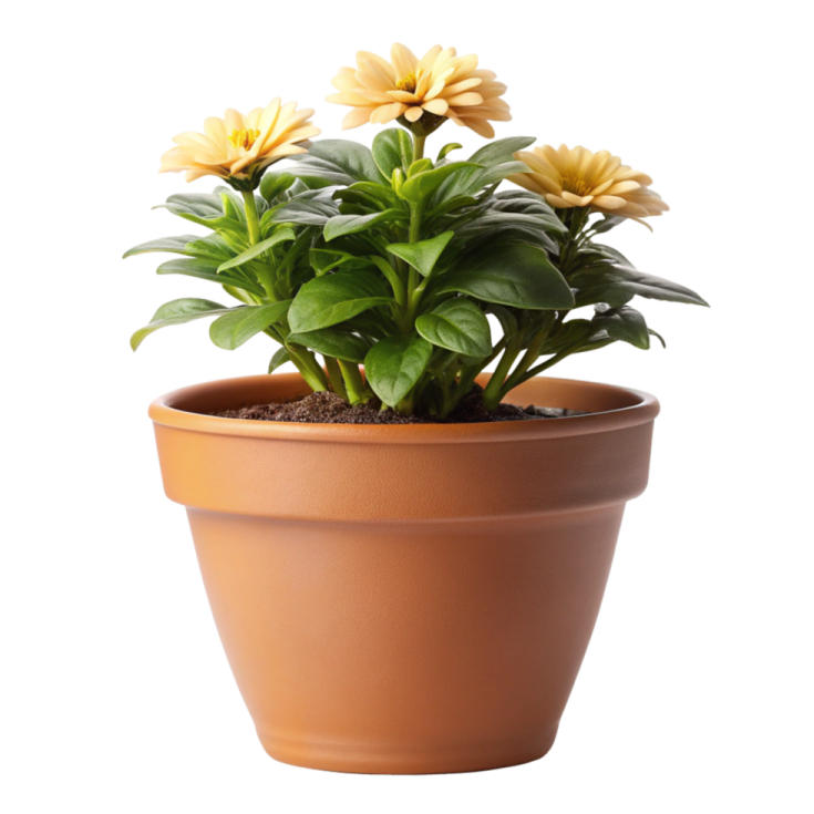 a pot of yellow flowers on a white background