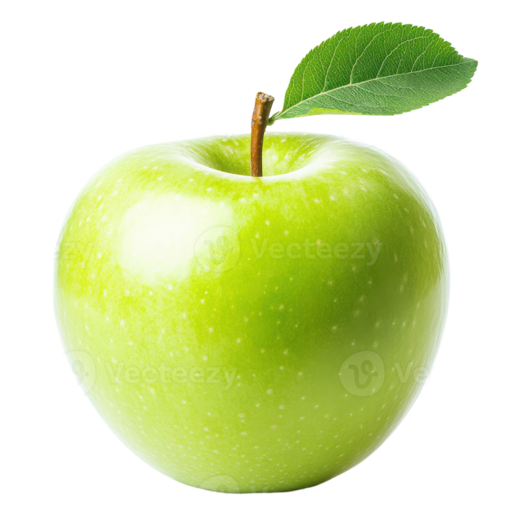 a green apple with a leaf on top