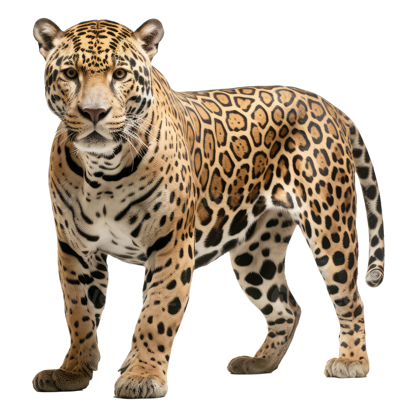 a large leopard standing in front of a white background