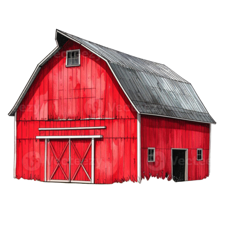 a watercolor painting of a red barn