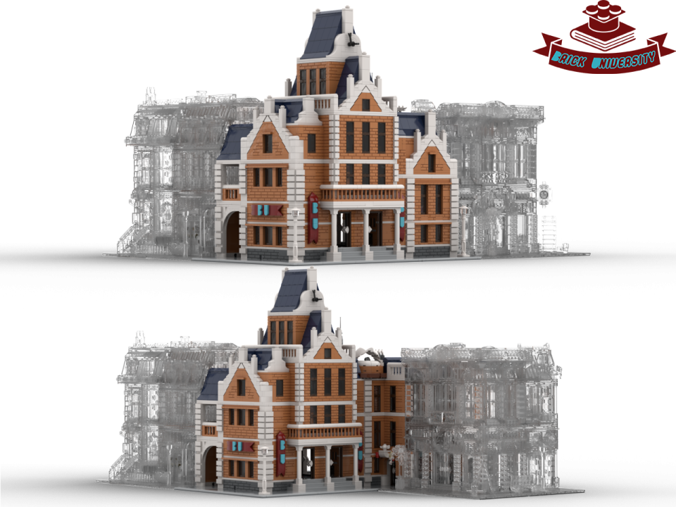 three different views of a large building
