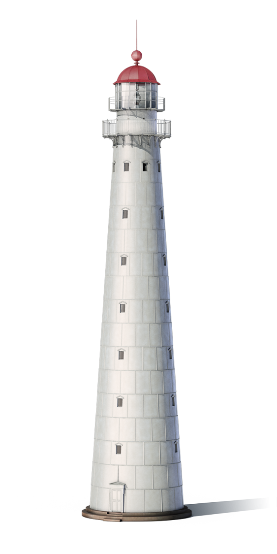 a white light house with a red roof