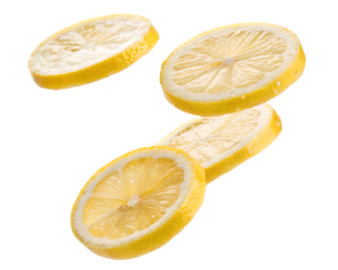 three slices of lemon on a white background