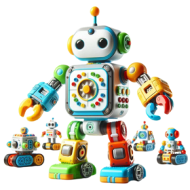 a robot toy with many different toys around it