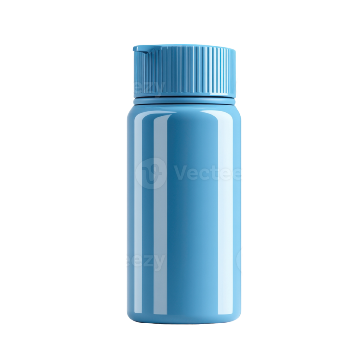 a blue water bottle on a white background