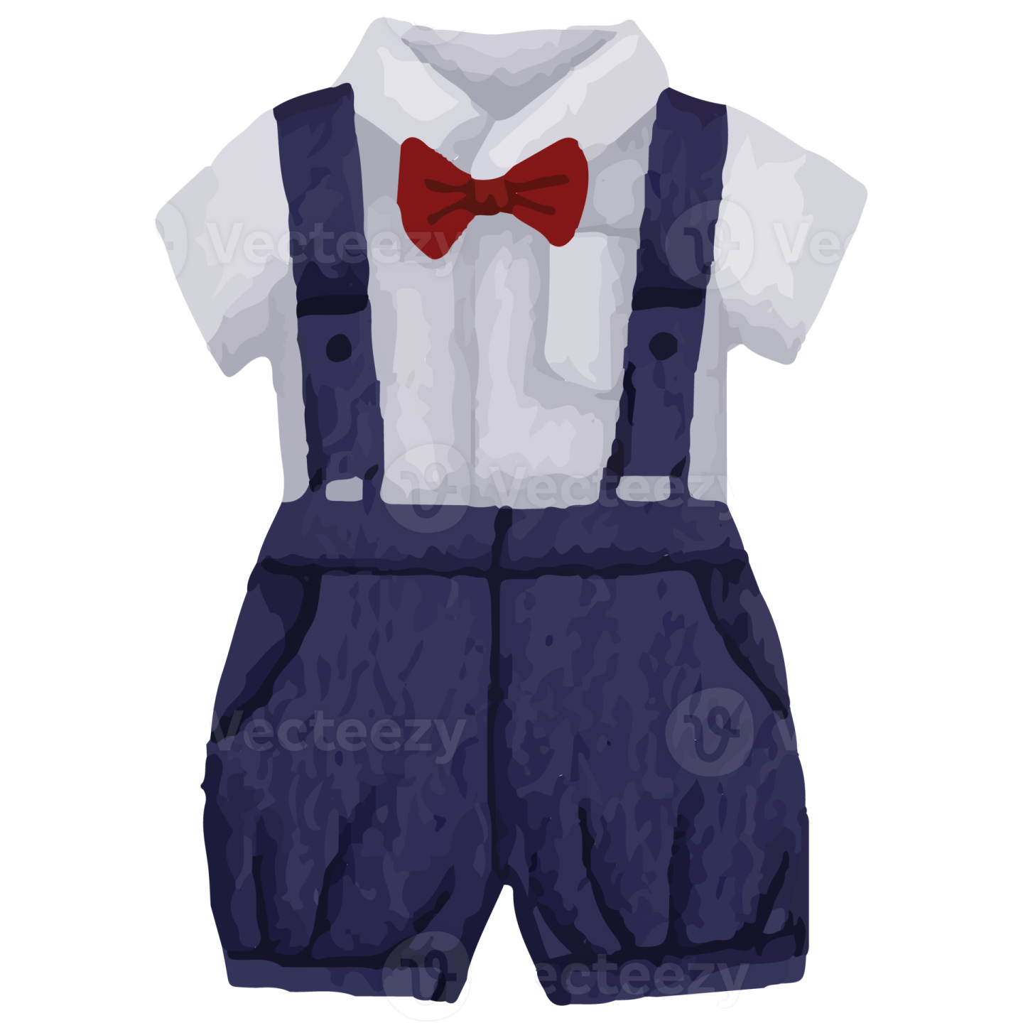 a white shirt and blue shorts with a red bow tie