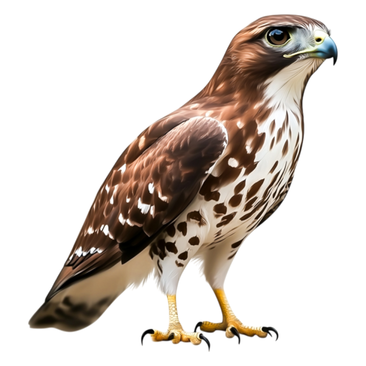 a brown and white bird with blue eyes