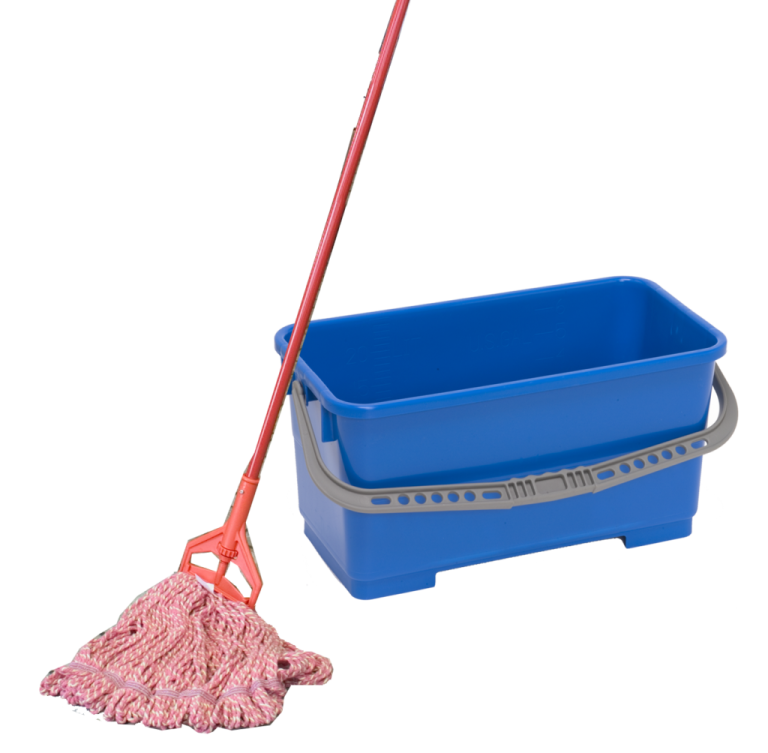a blue bucket and mop with pink mops