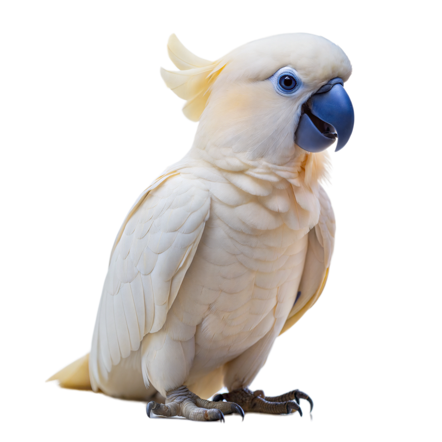 a close up of a white parrot with a blue beak