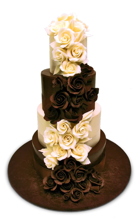 a three tiered cake with white and brown flowers