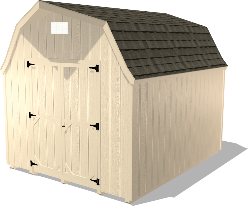 a white shed with a black roof
