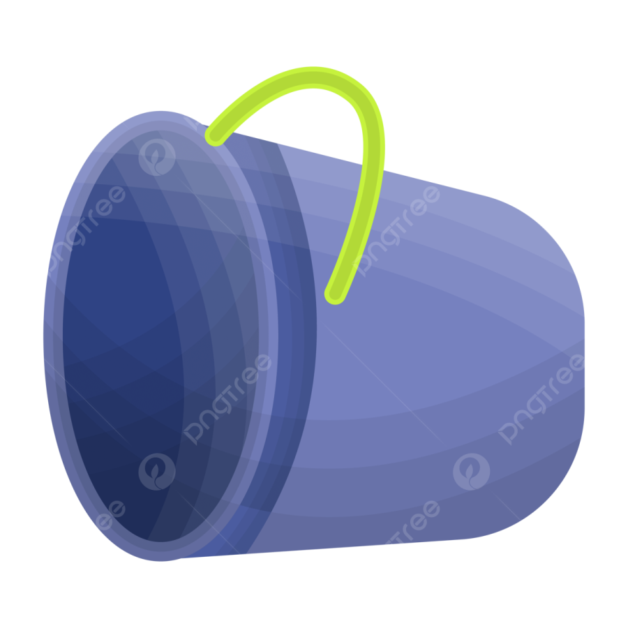 a blue bucket with a green handle