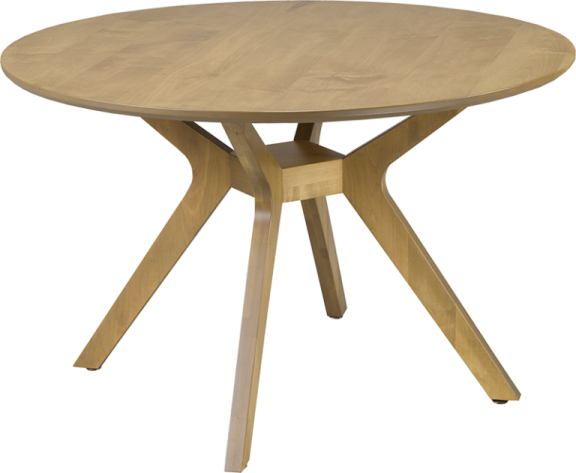 a round wooden table with two crossed legs
