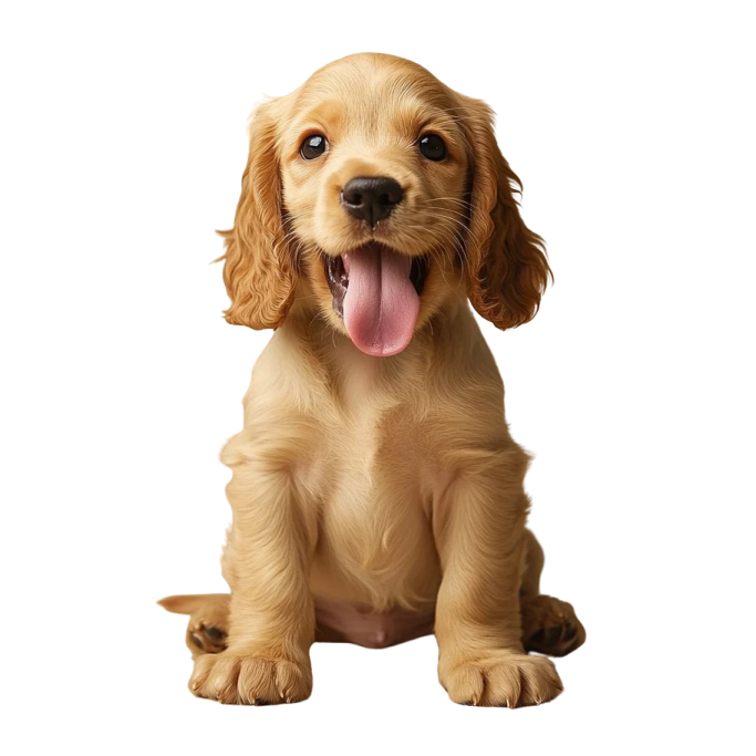 a puppy sitting down with its tongue out