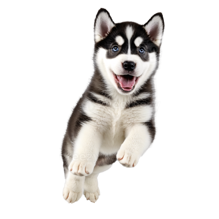a black and white puppy dog with blue eyes