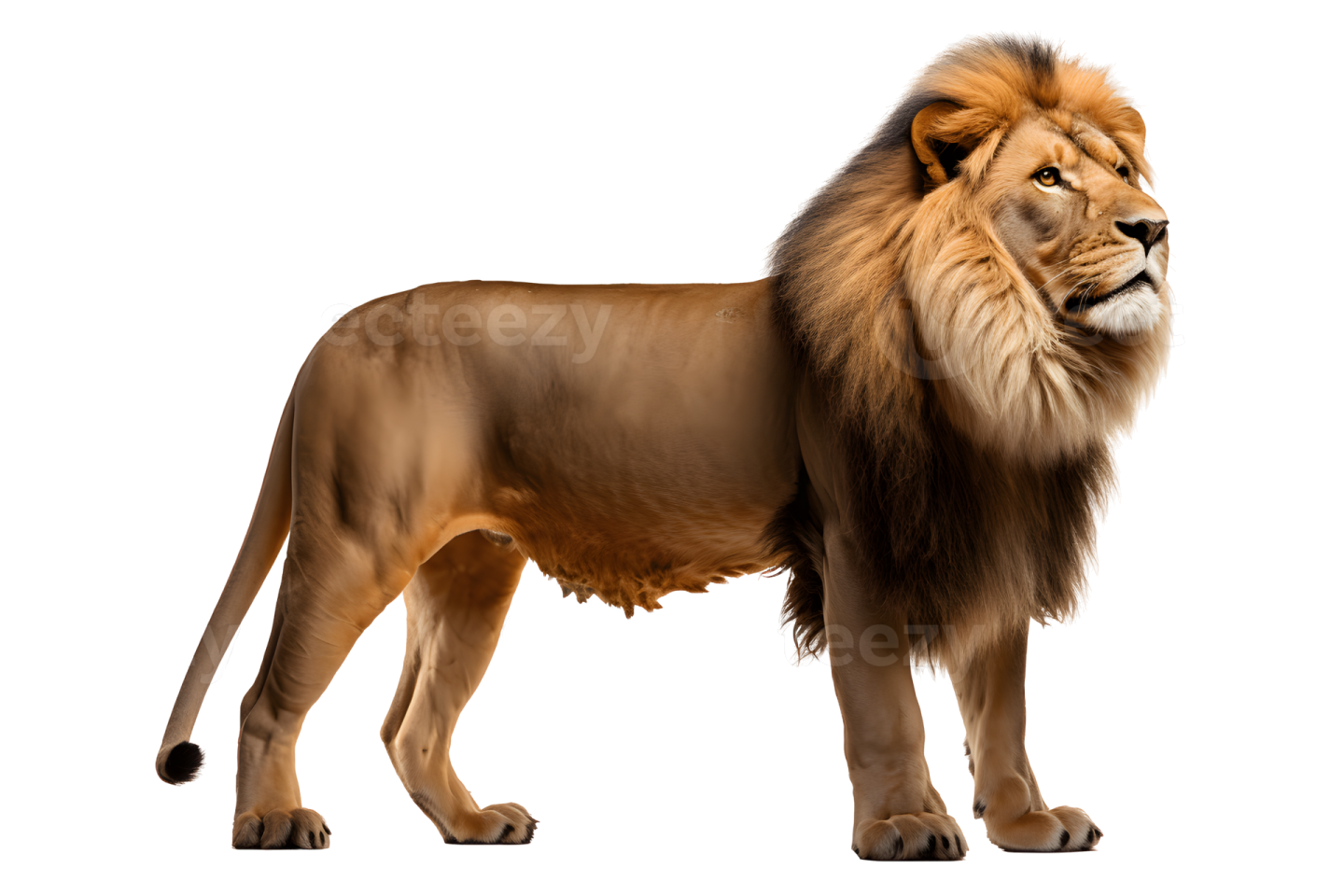 a lion standing in front of a white background