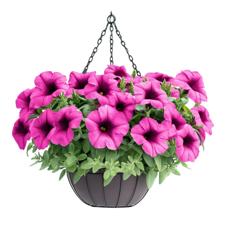 a hanging planter with pink flowers in it