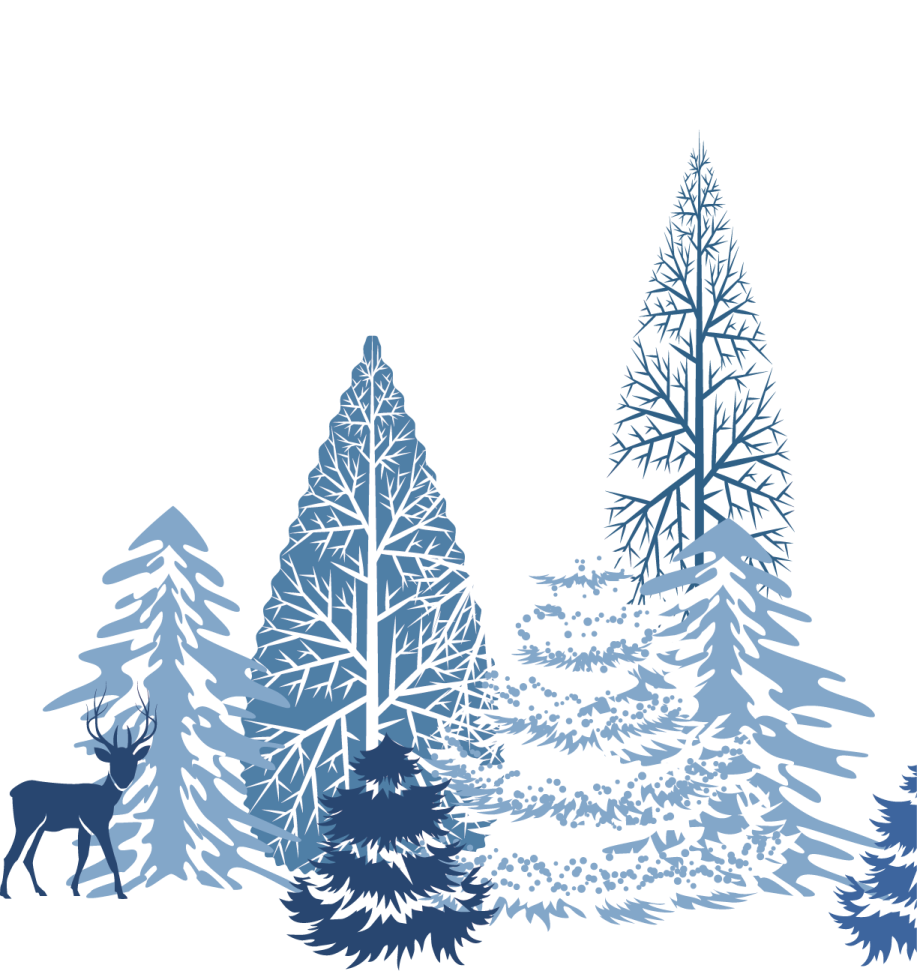 a white background with blue trees and deers