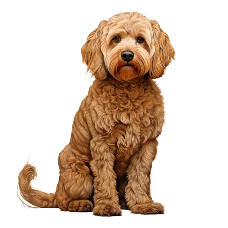 a brown dog sitting down on a white background