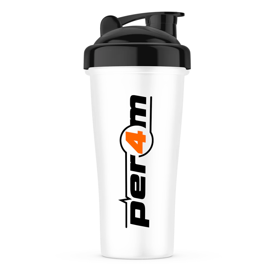 a white and black tumbler with an orange logo on it
