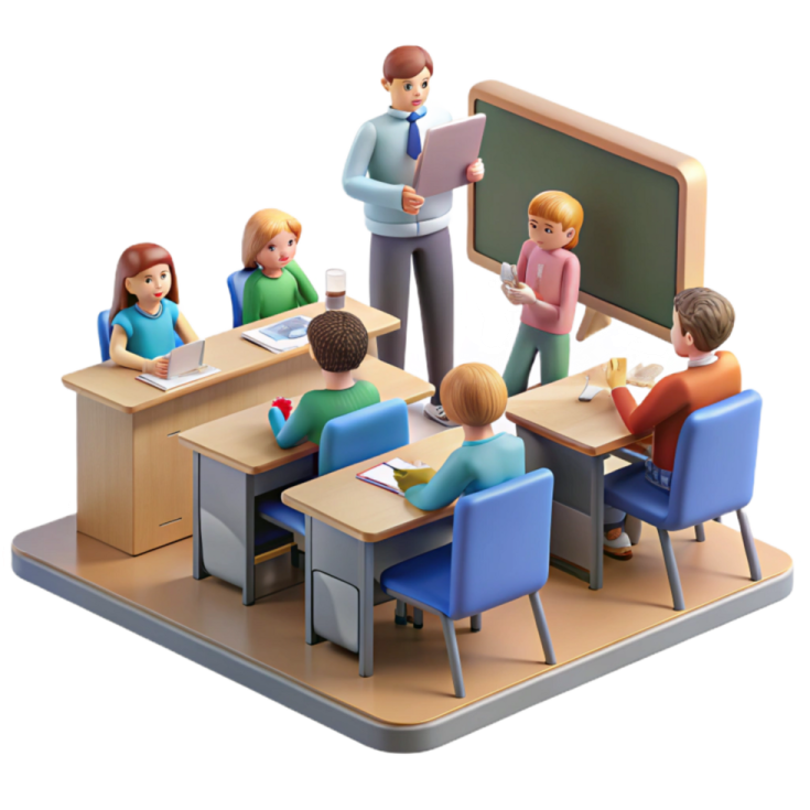a group of people sitting at desks in front of a blackboard