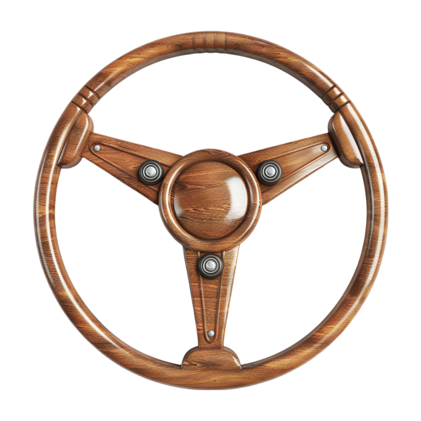 a wooden steering wheel on a white background
