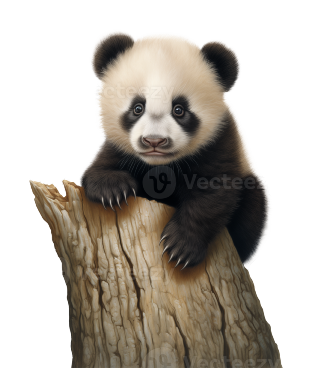a panda bear sitting on top of a tree stump