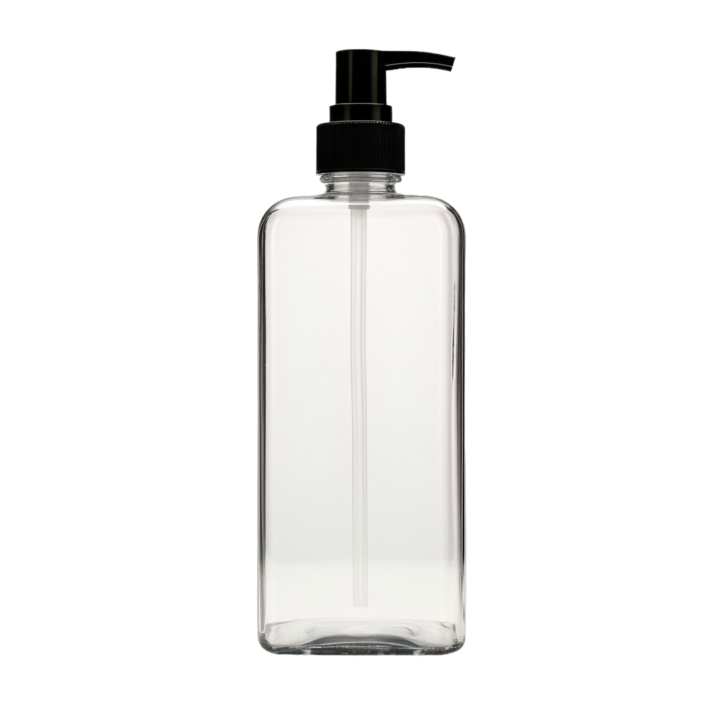 a clear bottle with a black pump