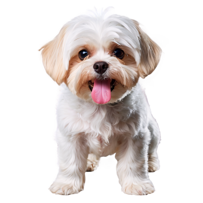 a small white dog with its tongue out