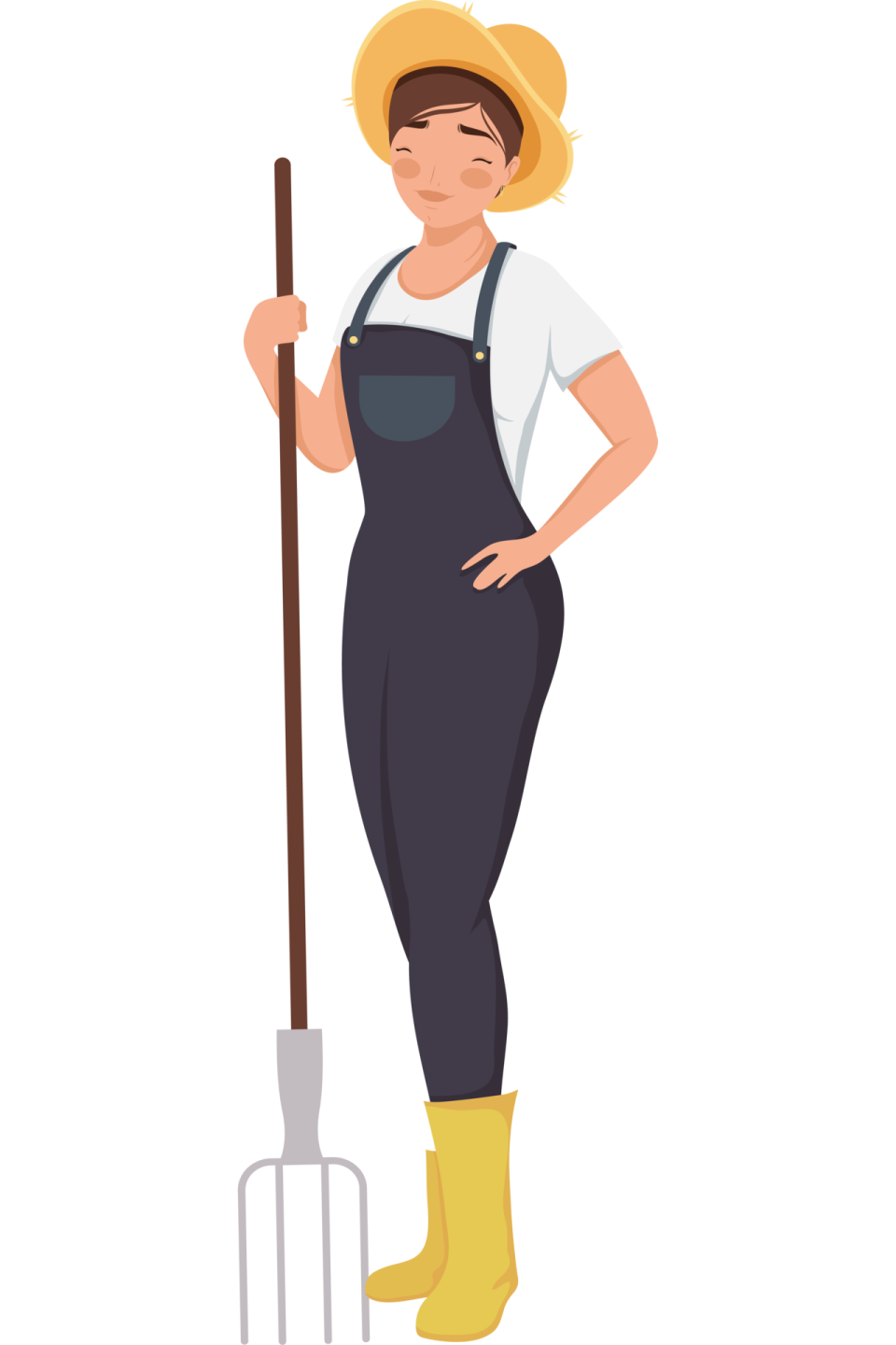 a woman in overalls and hat holding a pitchfork
