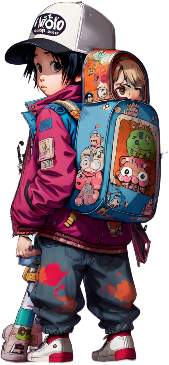 a young boy with a backpack and a cap on his head