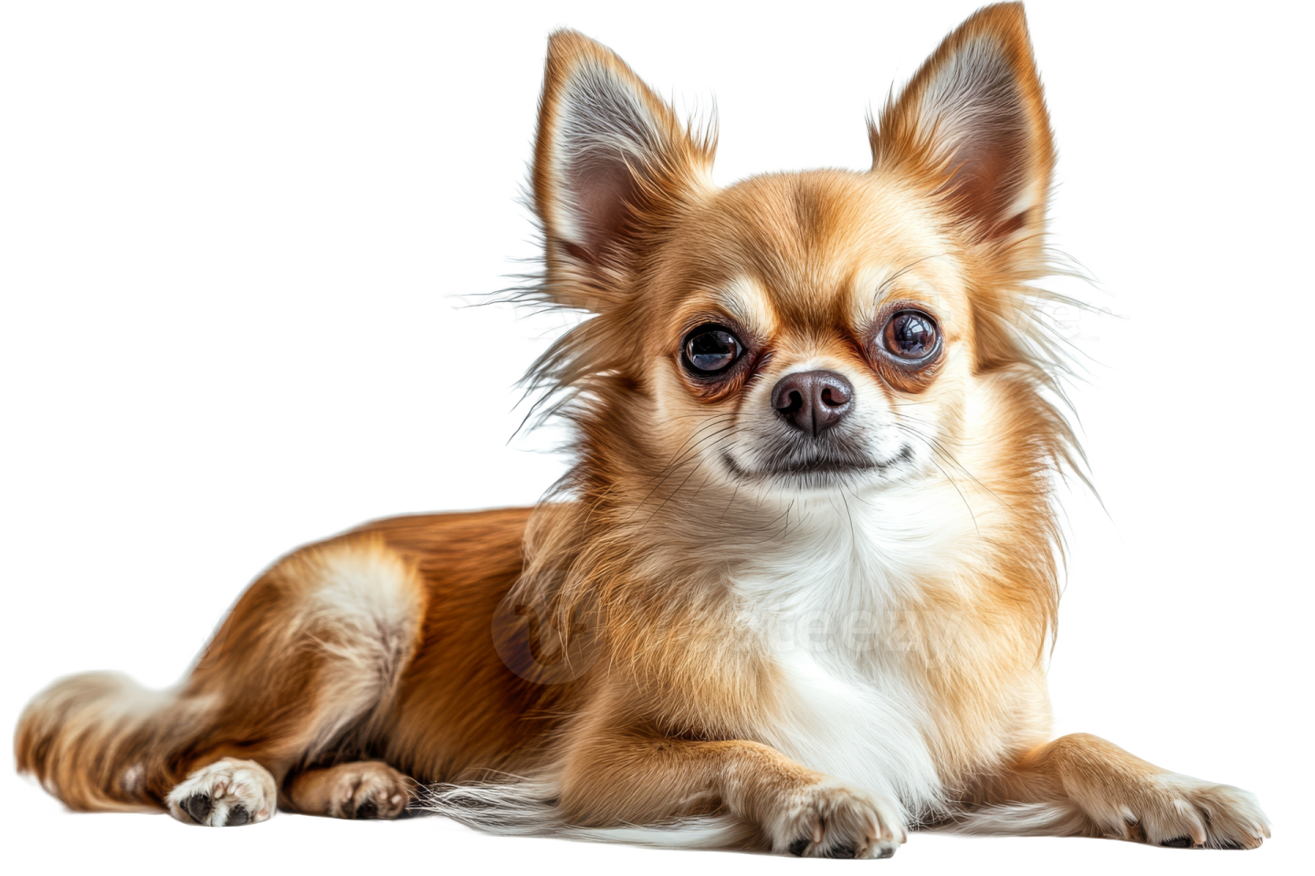 a small brown and white dog laying down