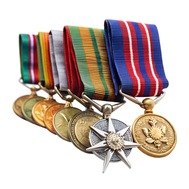 a group of medals on a white background
