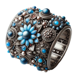 a silver bracelet with blue flowers and pearls