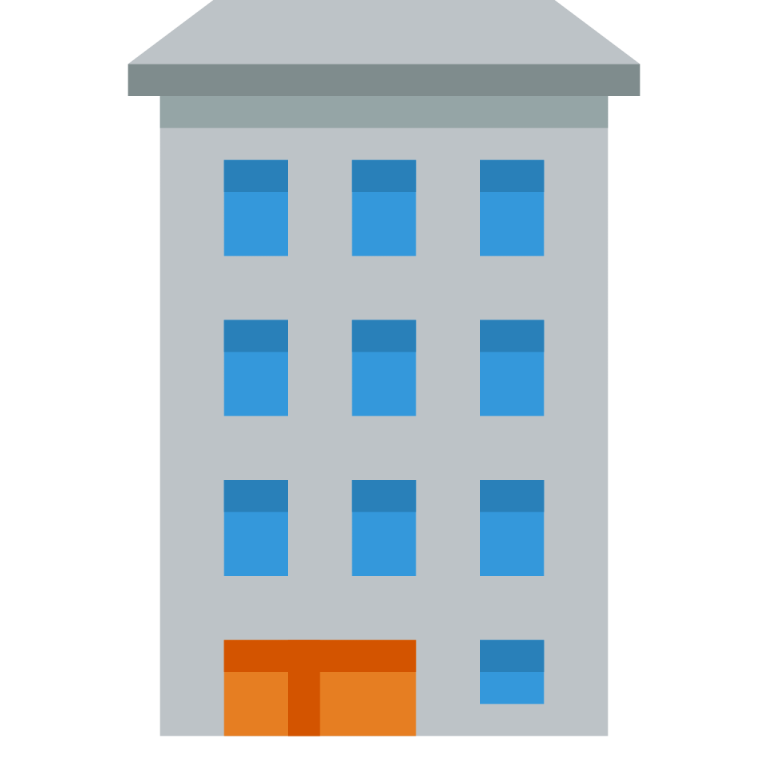a gray building with orange and blue squares