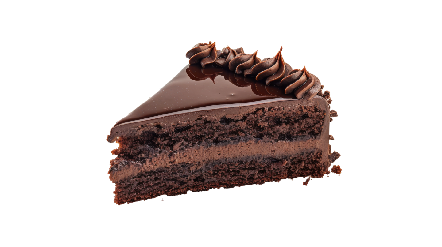 a piece of chocolate cake on a white background