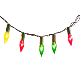 a string of christmas lights on white background